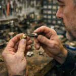 Artisan réparateur tenant une petite pièce en laiton pour boîte aux lettres