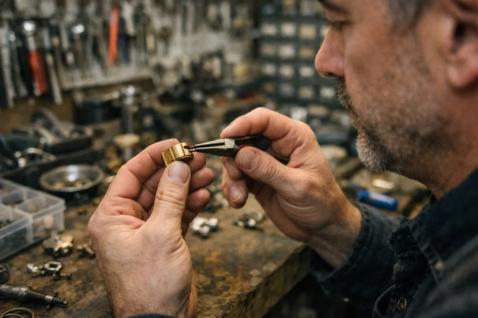 Artisan réparateur tenant une petite pièce en laiton pour boîte aux lettres