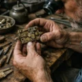 artisan professionnel examinant une vieille clé en fer forgé sur un établi