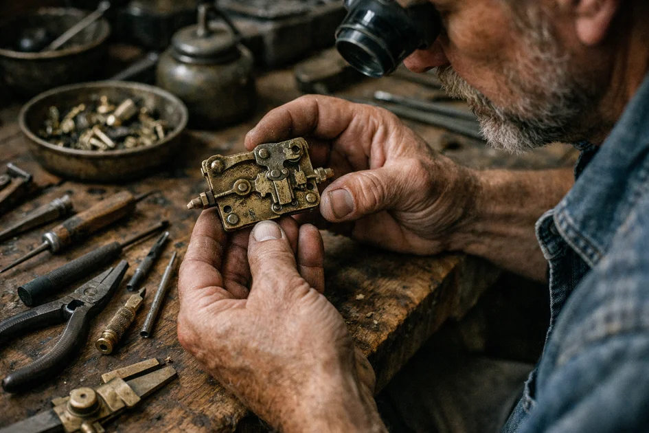 artisan professionnel examinant une vieille clé en fer forgé sur un établi